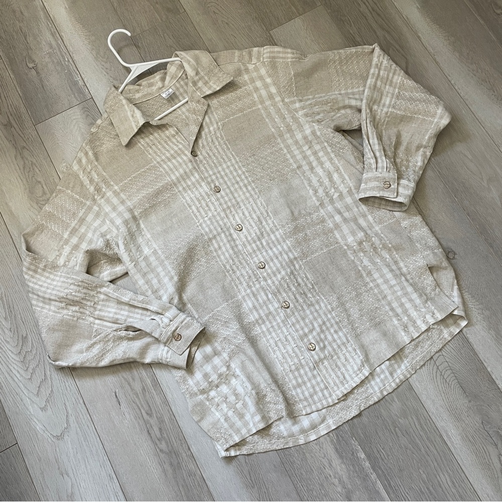 James Brumfield Shirt linen plaid button up mens Beige xlarge minimalist summer